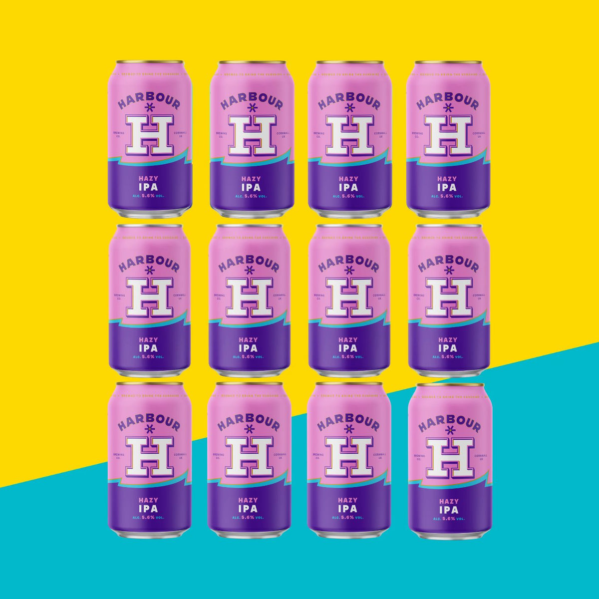 12 cans of Harbour Hazy IPA stacked in rows of 4
