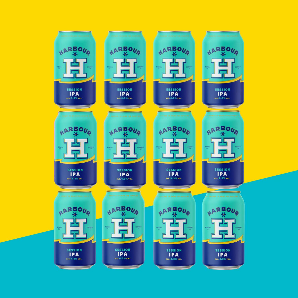 12 cans of Harbour Session IPA stacked in rows of 4