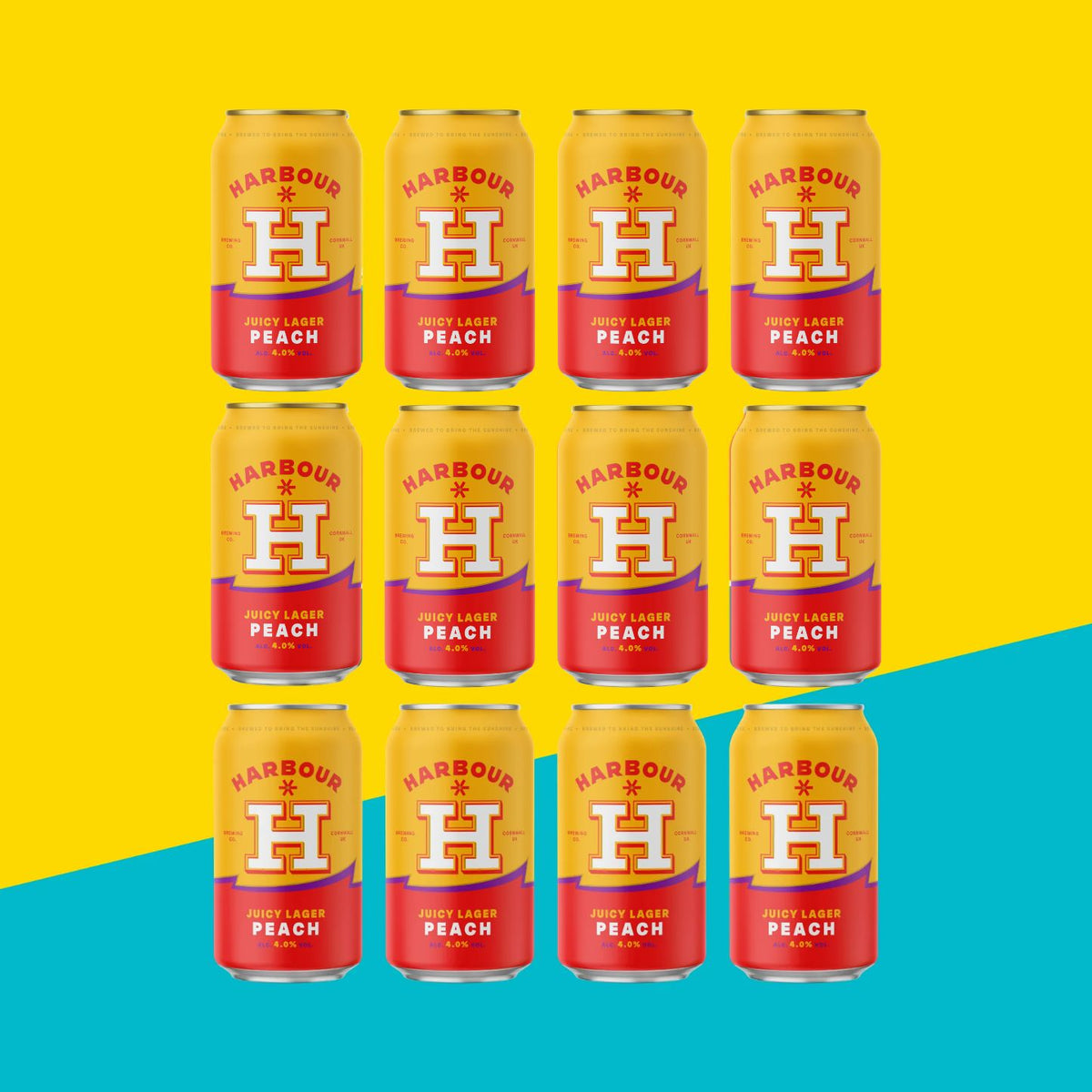 12 cans of Harbour Juicy peach stacked in rows of 4
