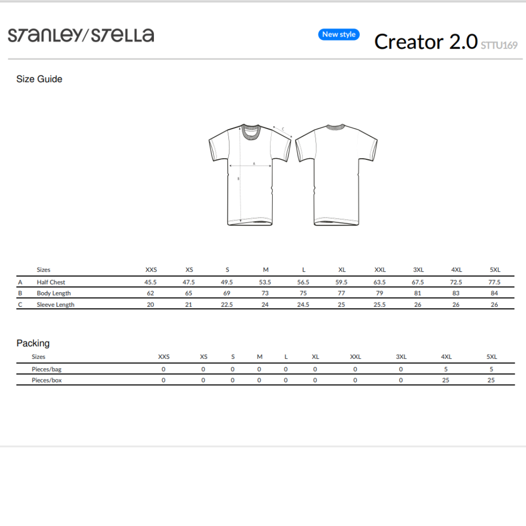 Size Guide size guide for Proper Job t-shirt in lack