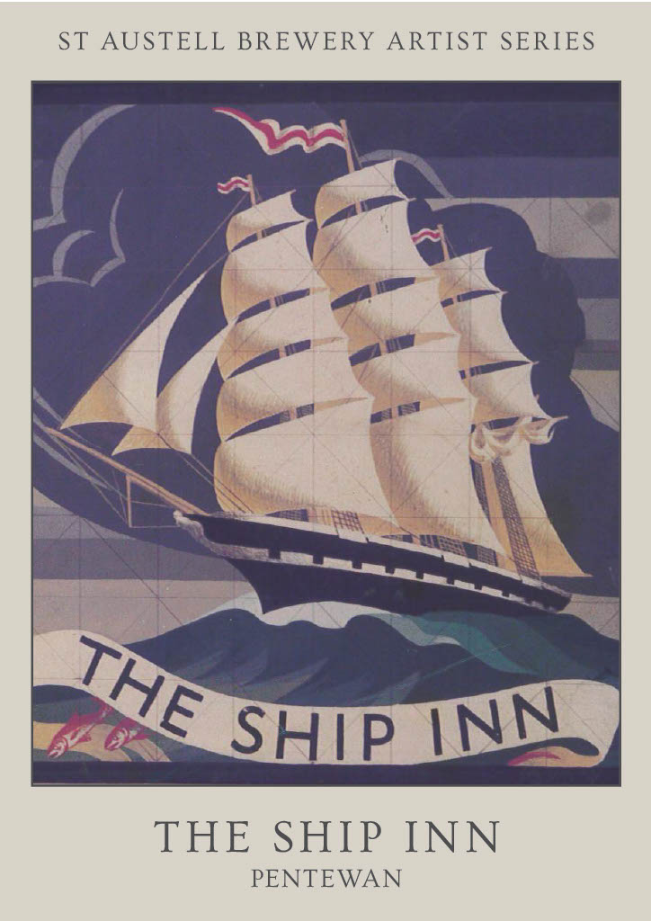 The Ship Inn sign which shows a large ship with sails moving over the waves