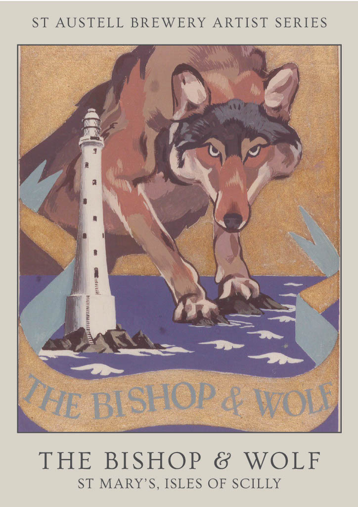 The Bishop & Wolf Pub Sign which shows a wolf leaning over a lighthouse and the sea