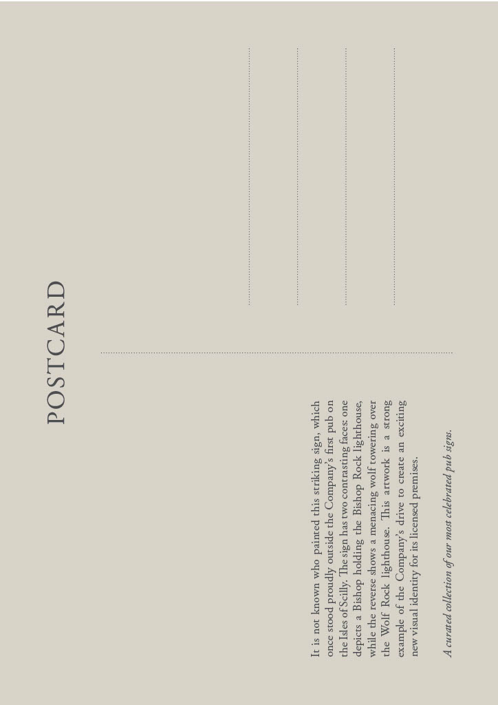 The back of a postcard which shows some information about the pub sign on the other side